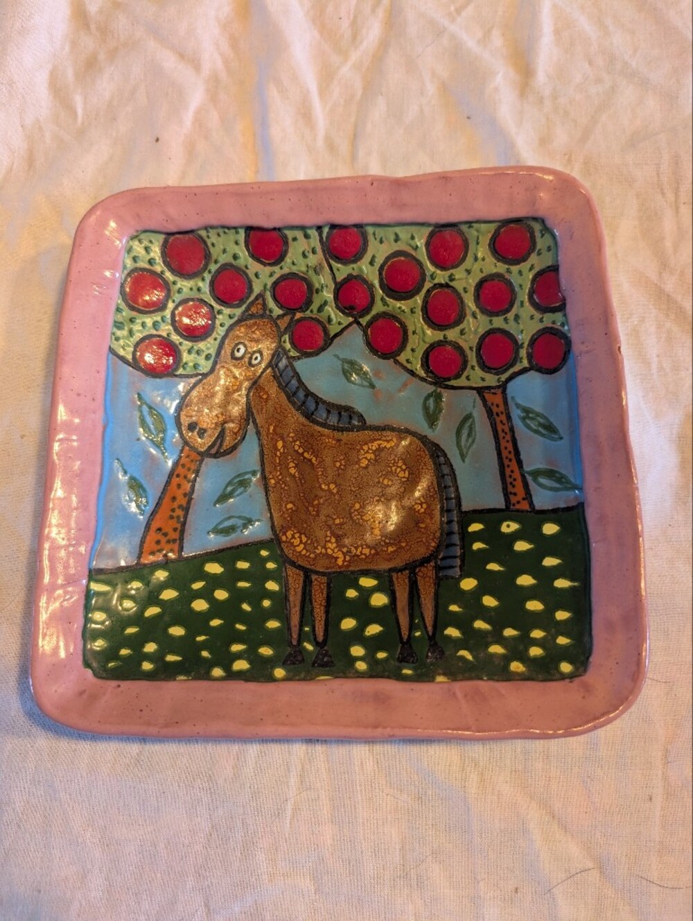 2/50$ Vintage Pink Border Ceramic trinket Plate with Multicolor Folk horse
